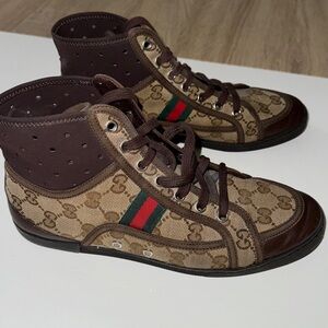 GUCCI High Top Sneakers Brown Leather Beige Canvas Size EUR 39